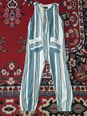 art class Blue and White Striped Linen Kids One-Piece Romper